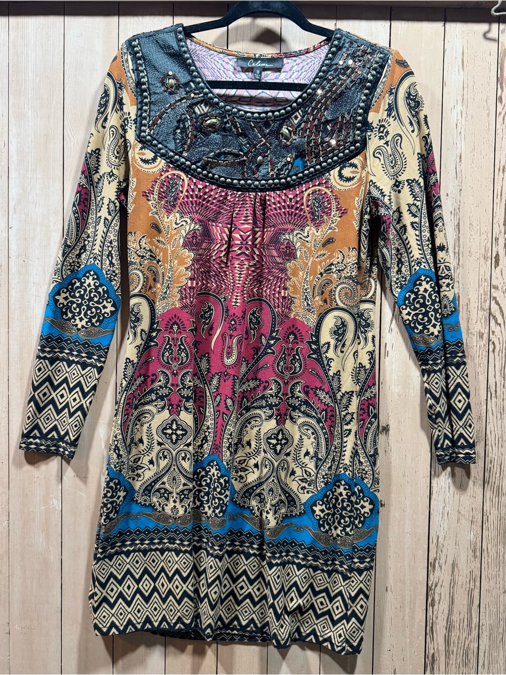 CALE Embellished Boho Mini Dress in Pink, Blue, Tan, Black